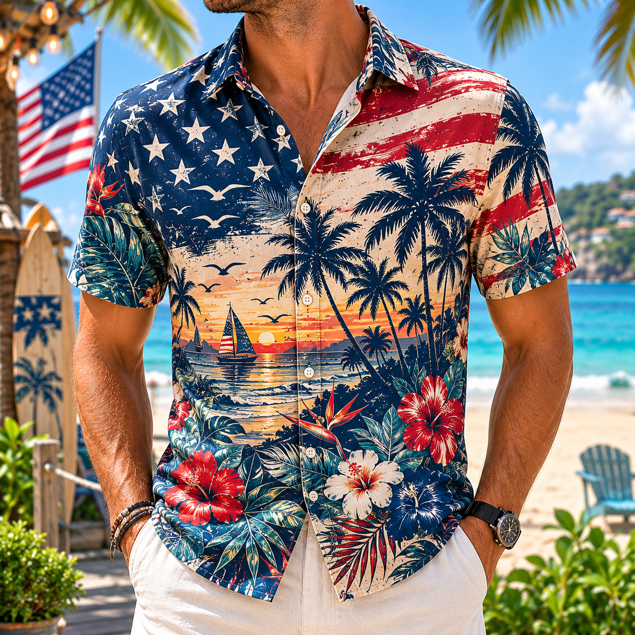 Men's Vintage Tropical Print Short-Sleeve Shirt – Casual Beach Vacation Style – 05