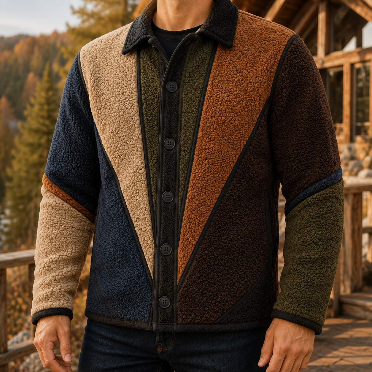 Men's Retro Color Block Fleece Shirt Jacket-79