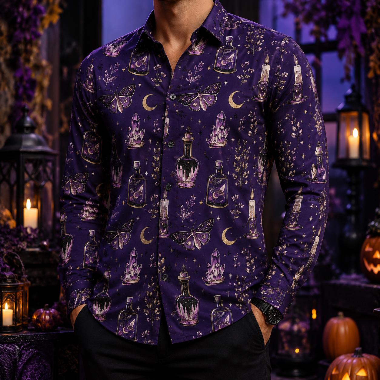 Men's Vintage Halloween Print Long-Sleeve Shirt-30