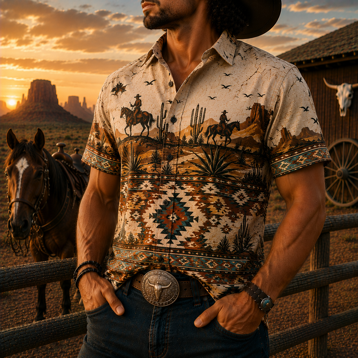 Men's Vintage Western Cowboy-Style Printed Short-Sleeve Shirt-62