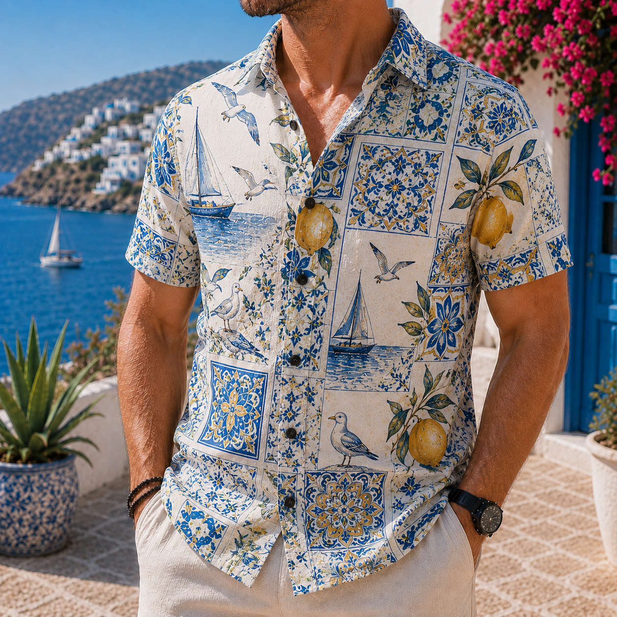 Men's Vintage Tropical Print Short-Sleeve Shirt – Casual Beach Vacation Style – 27