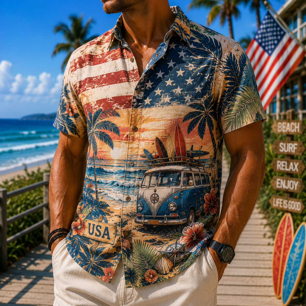 Men's Vintage Tropical Print Short-Sleeve Shirt – Casual Beach Vacation Style – 57