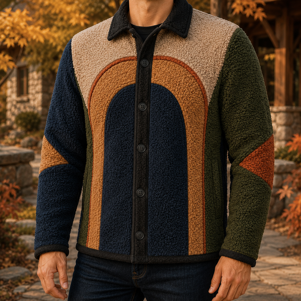 Men's Retro Color Block Fleece Shirt Jacket-80