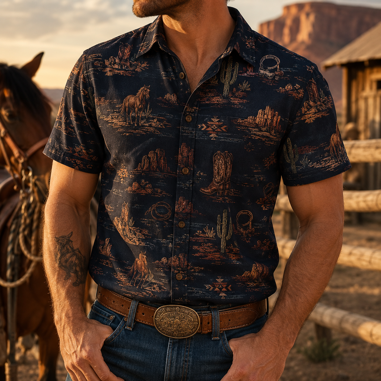 Men's Vintage Western Cowboy-Style Printed Short-Sleeve Shirt-38