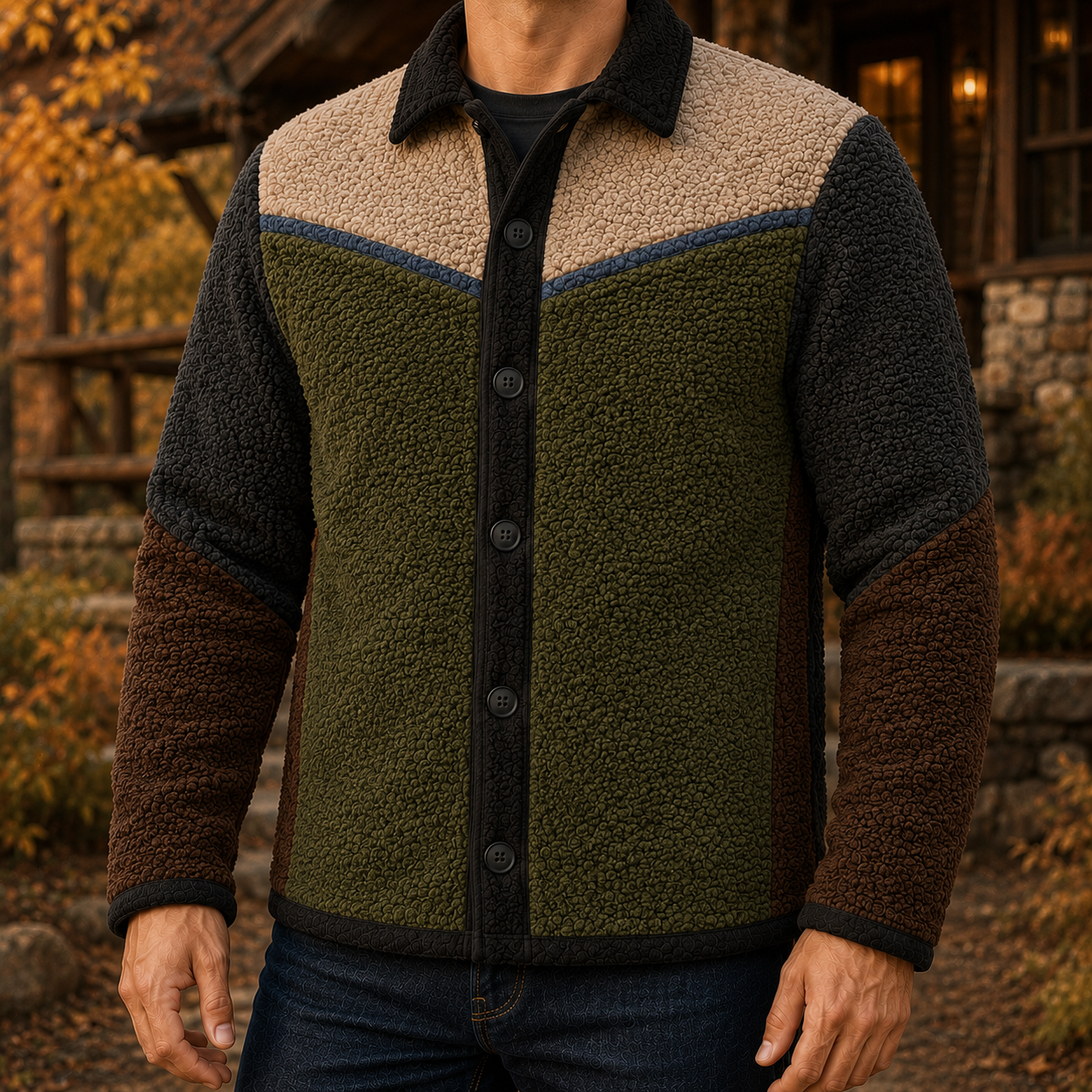 Men's Retro Color Block Fleece Shirt Jacket-81