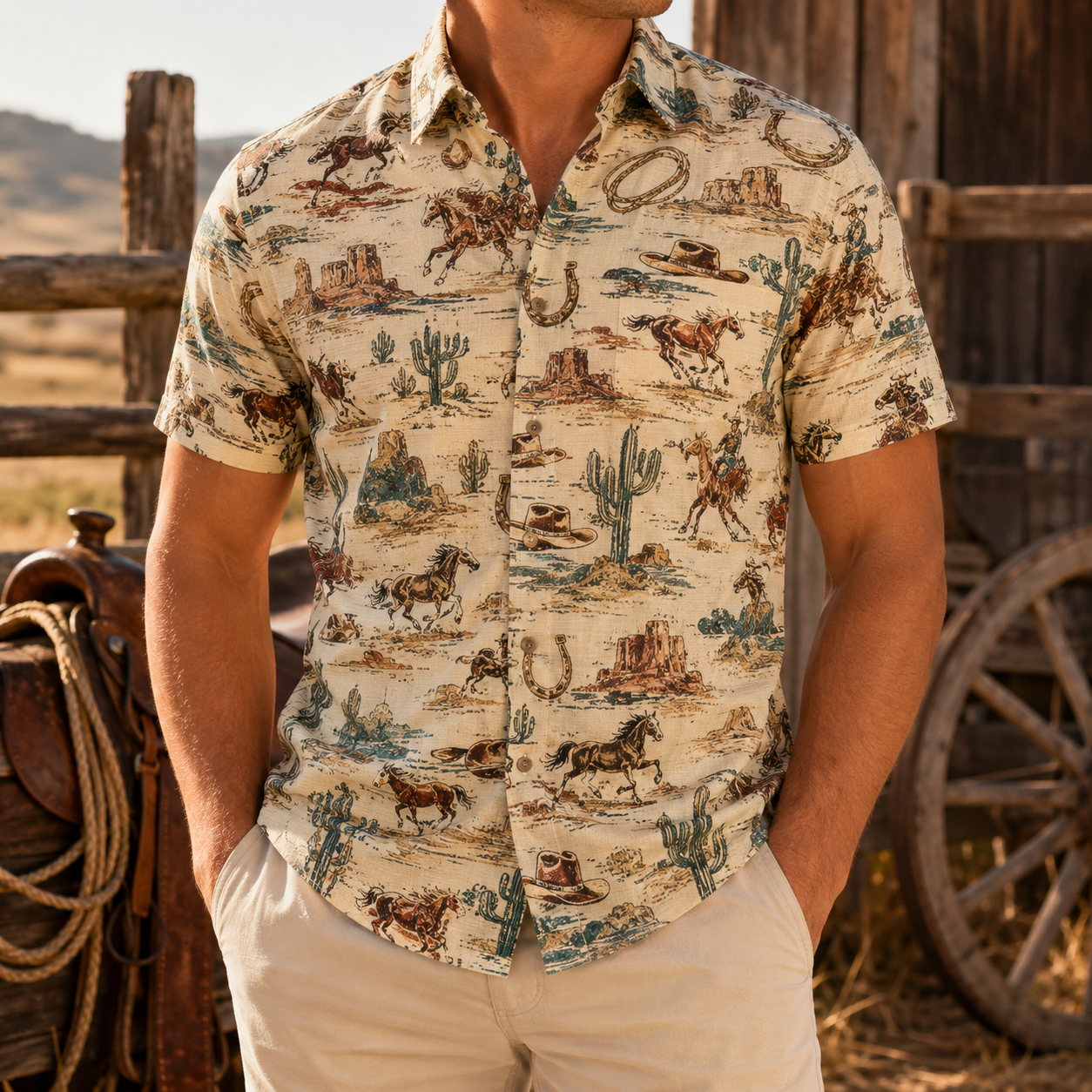 Men's Vintage Western Cowboy-Style Printed Short-Sleeve Shirt-12