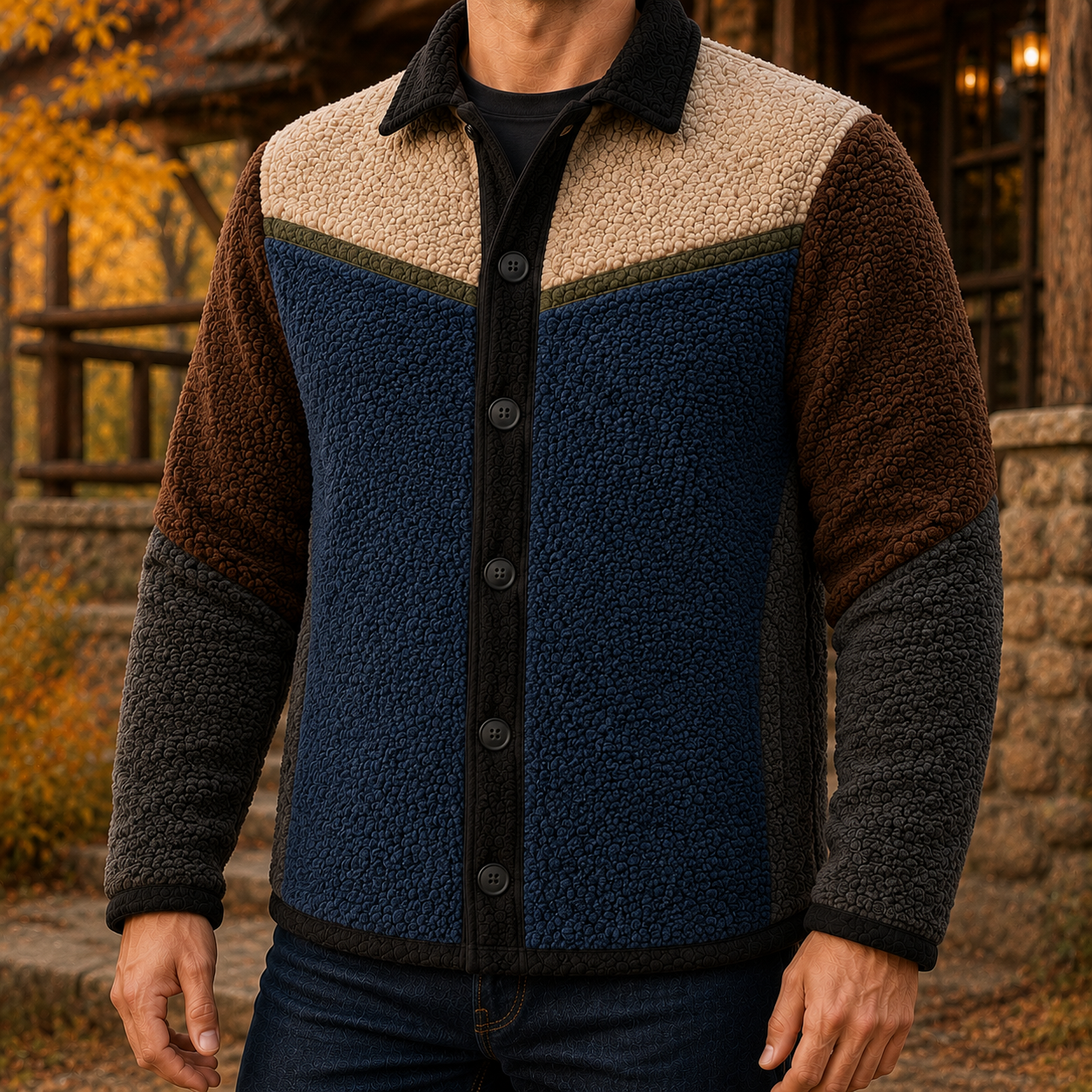 Men's Retro Color Block Fleece Shirt Jacket-82