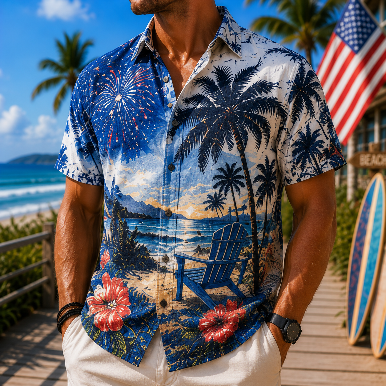 Men's Vintage Tropical Print Short-Sleeve Shirt – Casual Beach Vacation Style – 55