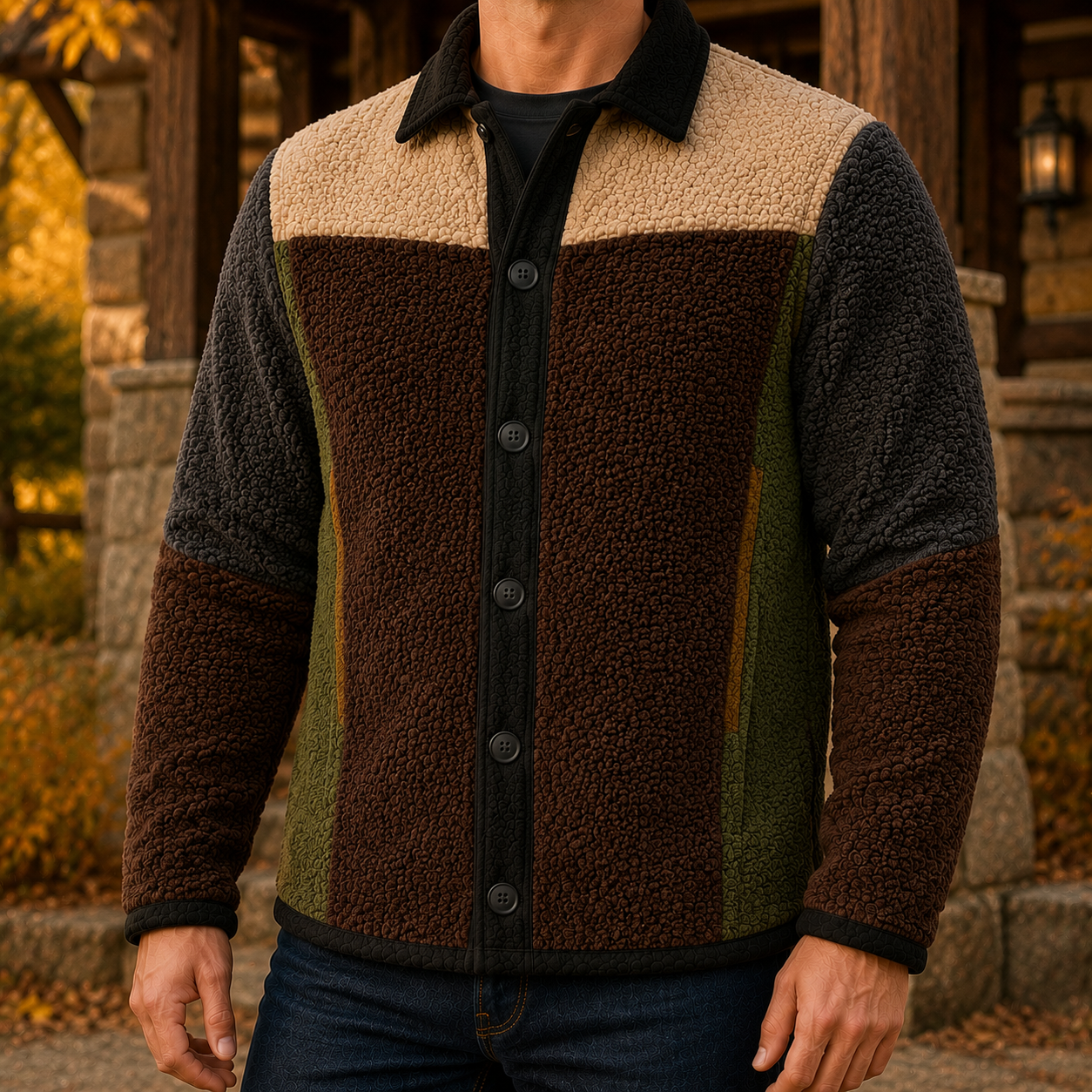 Men's Retro Color Block Fleece Shirt Jacket-83