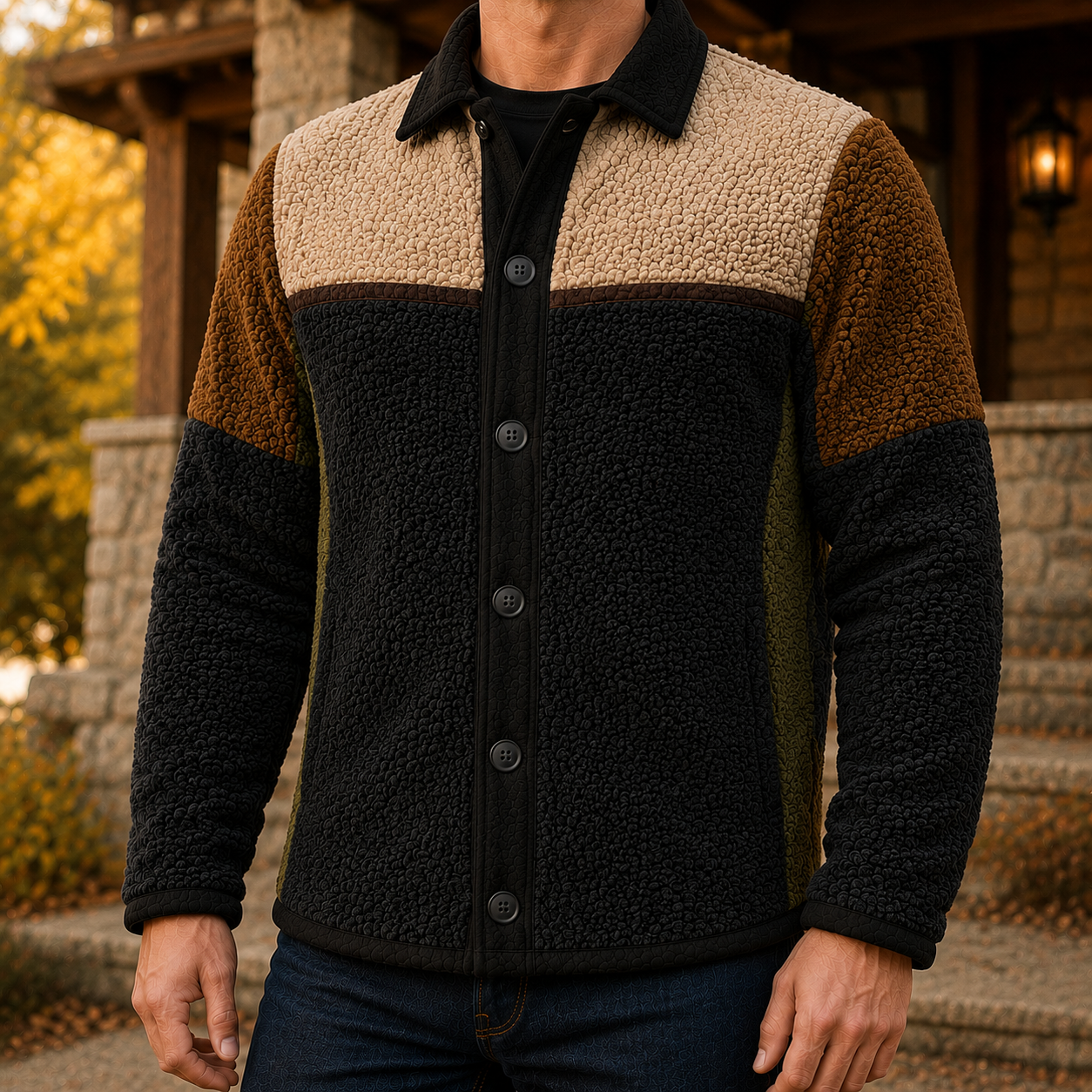 Men's Retro Color Block Fleece Shirt Jacket-84