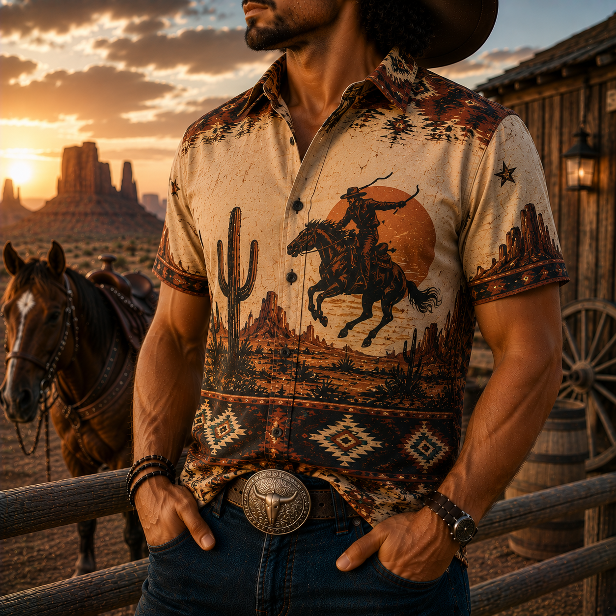 Men's Vintage Western Cowboy-Style Printed Short-Sleeve Shirt-71