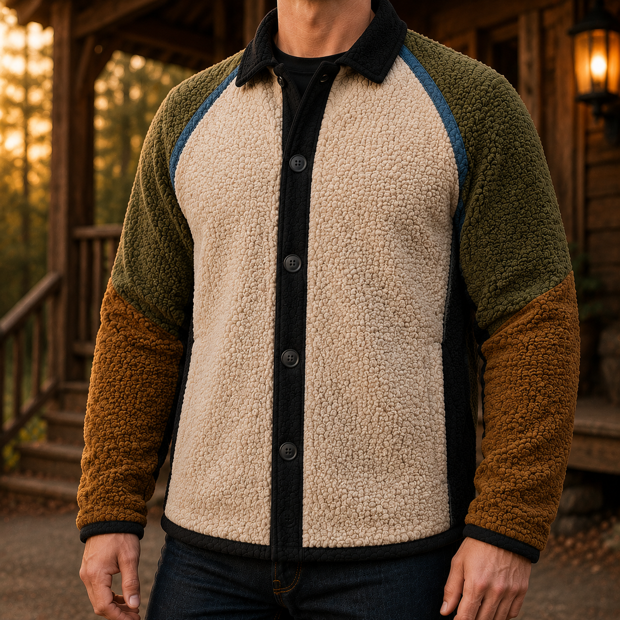 Men's Retro Color Block Fleece Shirt Jacket-85