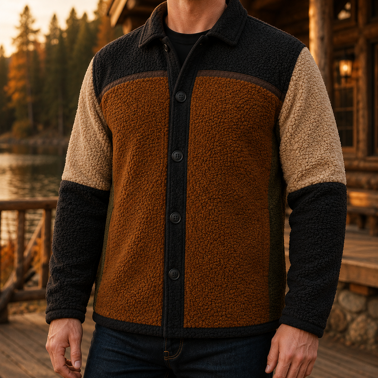 Men's Retro Color Block Fleece Shirt Jacket-86