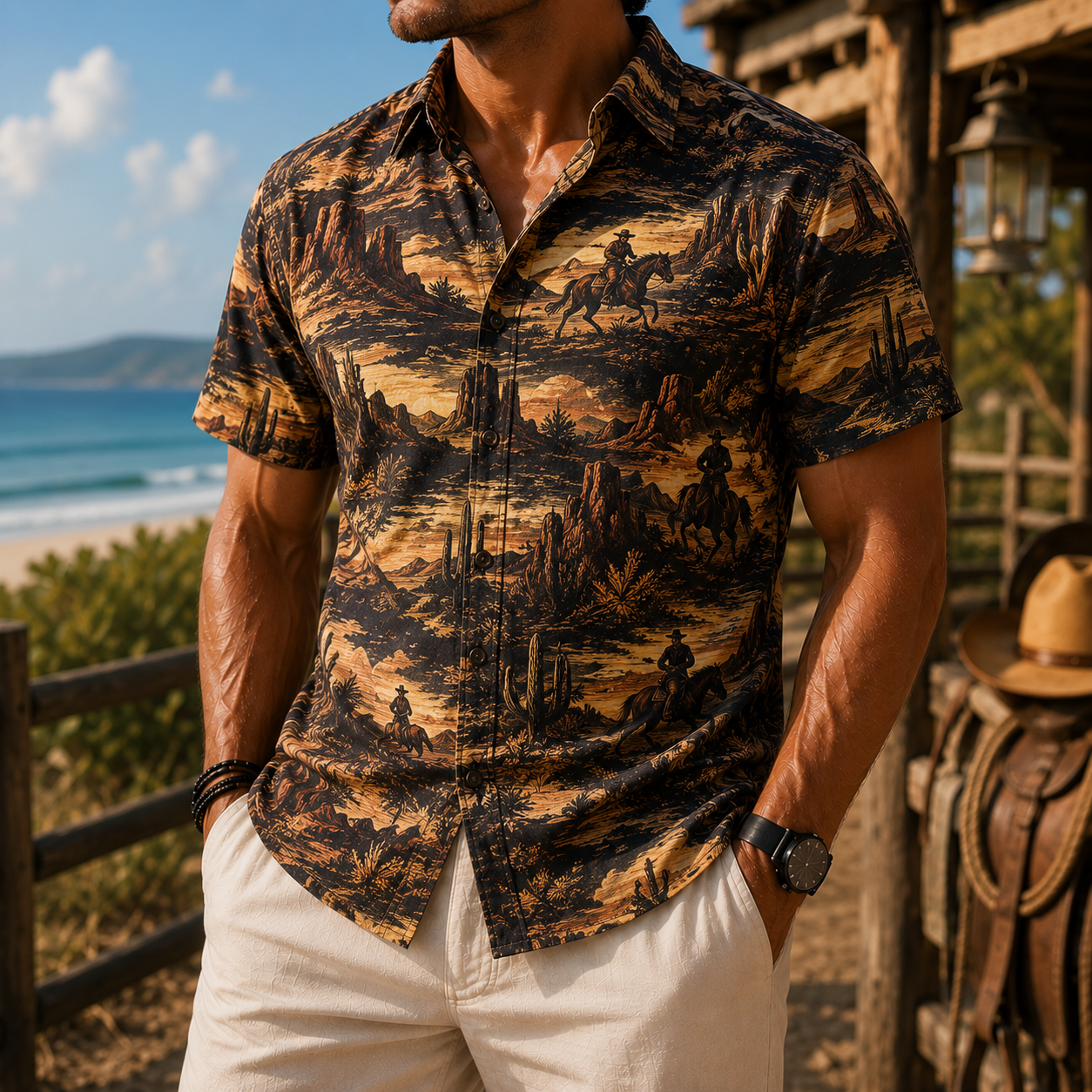 Men's Vintage Western Cowboy-Style Printed Short-Sleeve Shirt-05