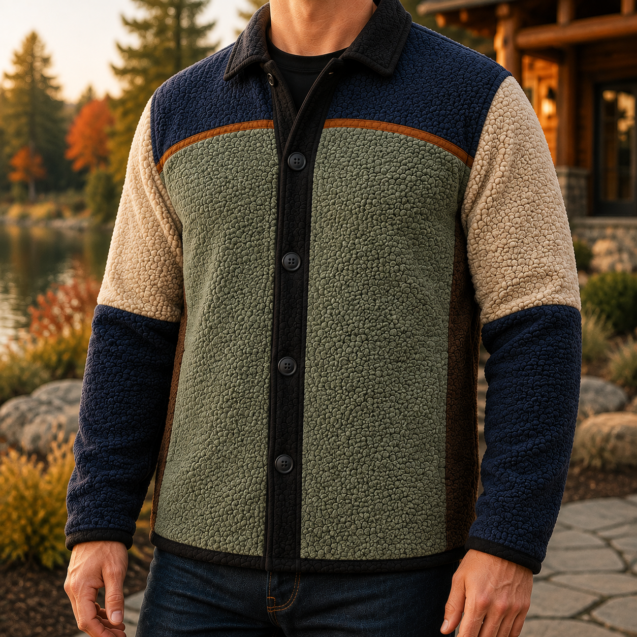 Men's Retro Color Block Fleece Shirt Jacket-87