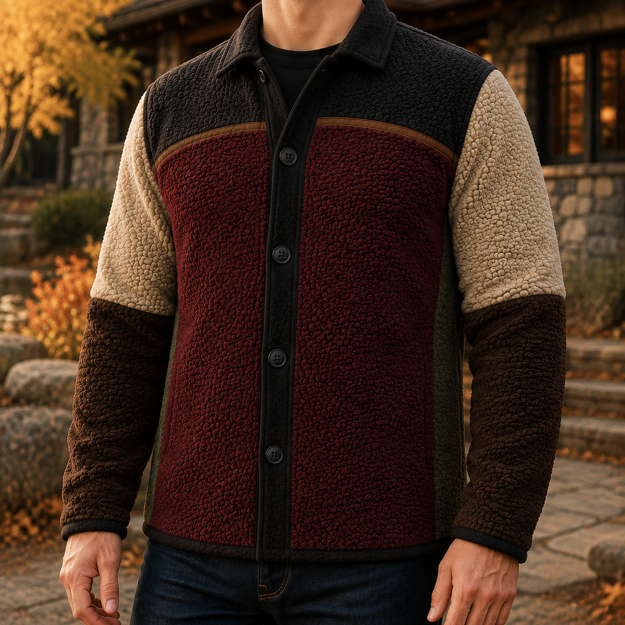 Men's Retro Color Block Fleece Shirt Jacket-88