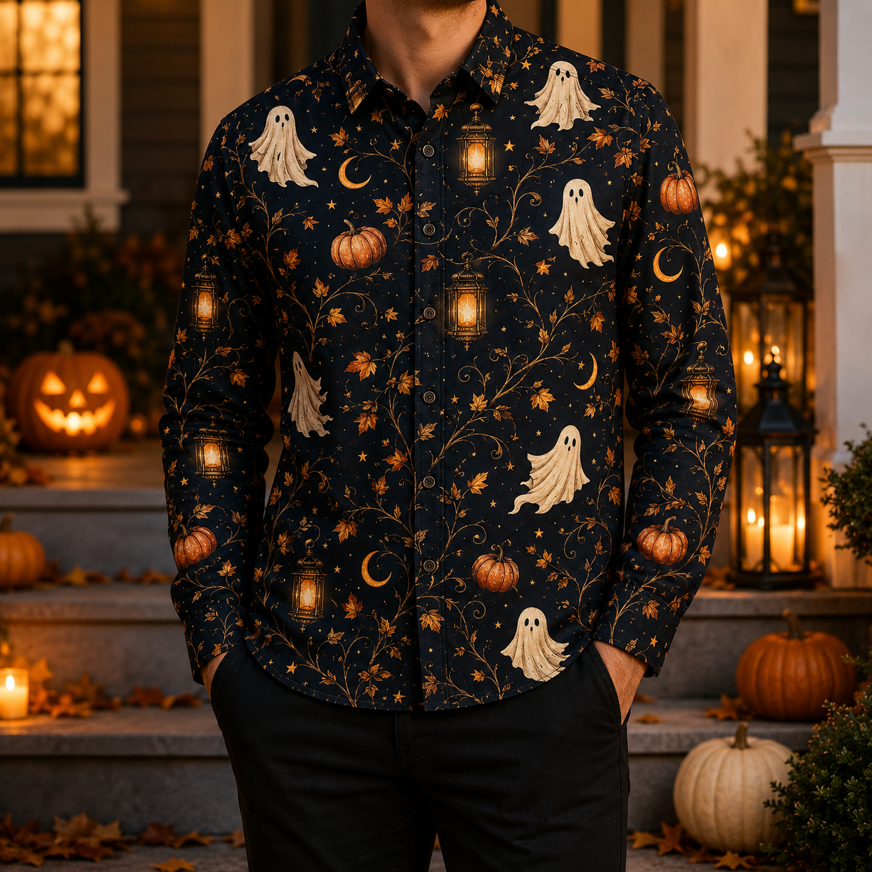 Men's Vintage Halloween Print Long-Sleeve Shirt-14