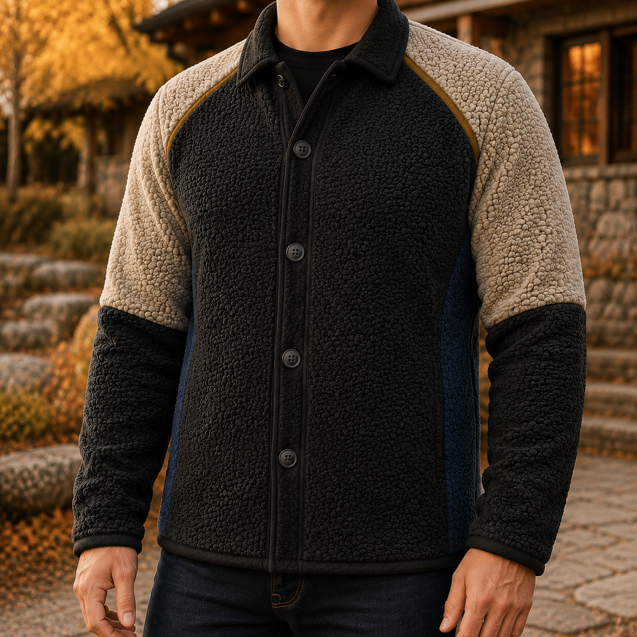 Men's Retro Color Block Fleece Shirt Jacket-89