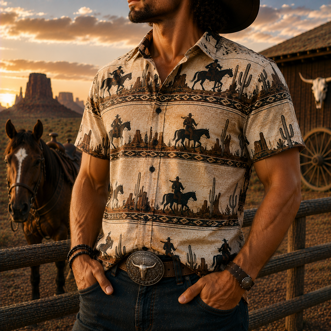 Men's Vintage Western Cowboy-Style Printed Short-Sleeve Shirt-57