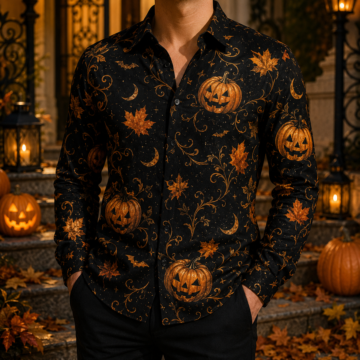 Men's Vintage Halloween Print Long-Sleeve Shirt-40