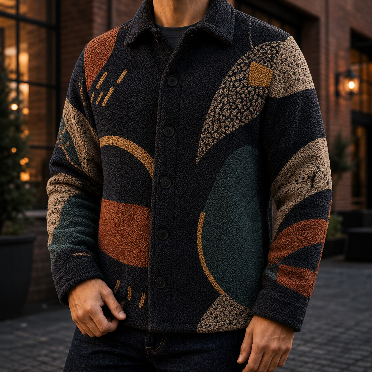 Men's Geometric Fleece Shacket | Warm Shirt Jacket -9
