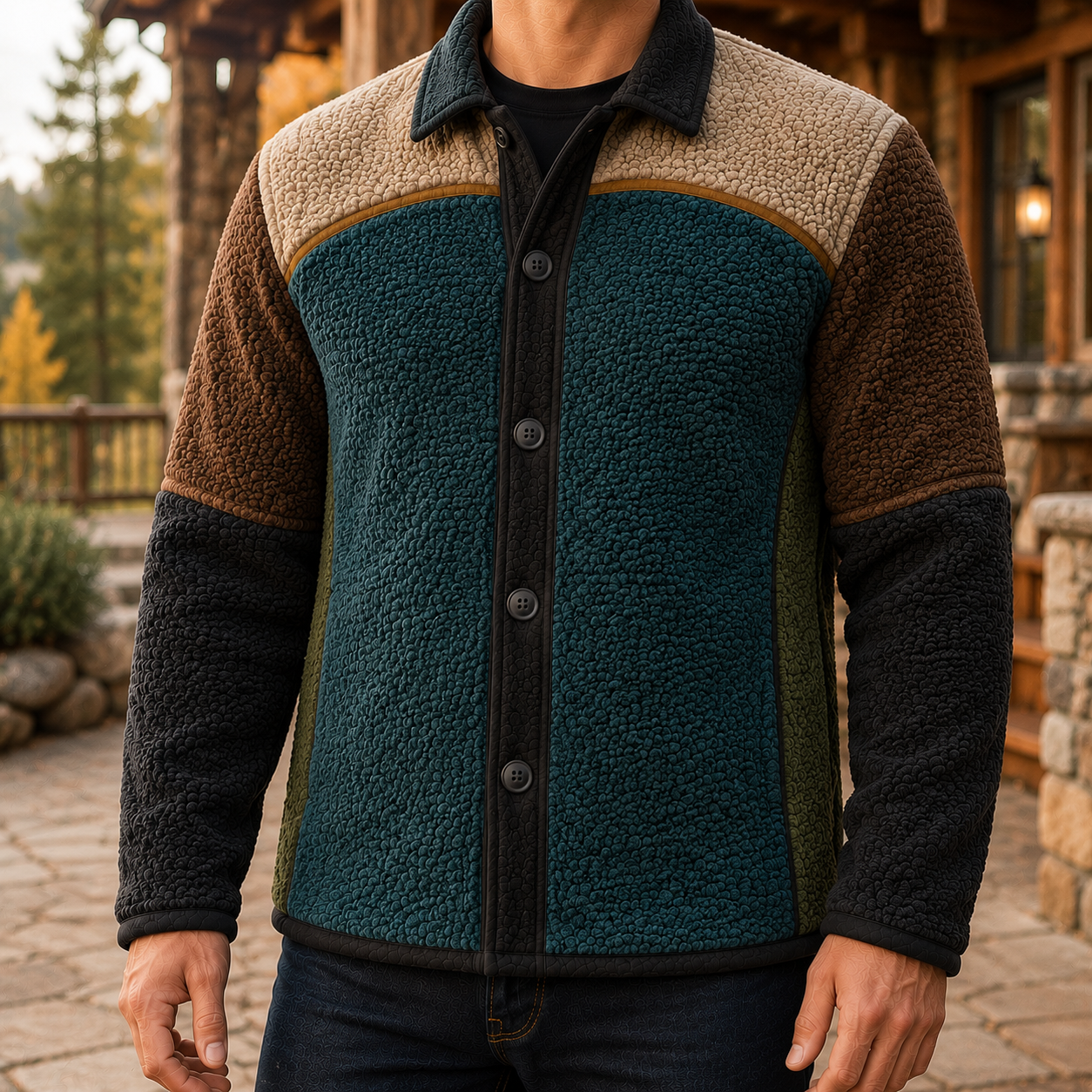 Men's Retro Color Block Fleece Shirt Jacket-90