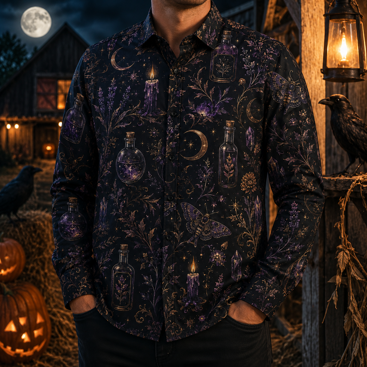 Men's Vintage Halloween Print Long-Sleeve Shirt-09