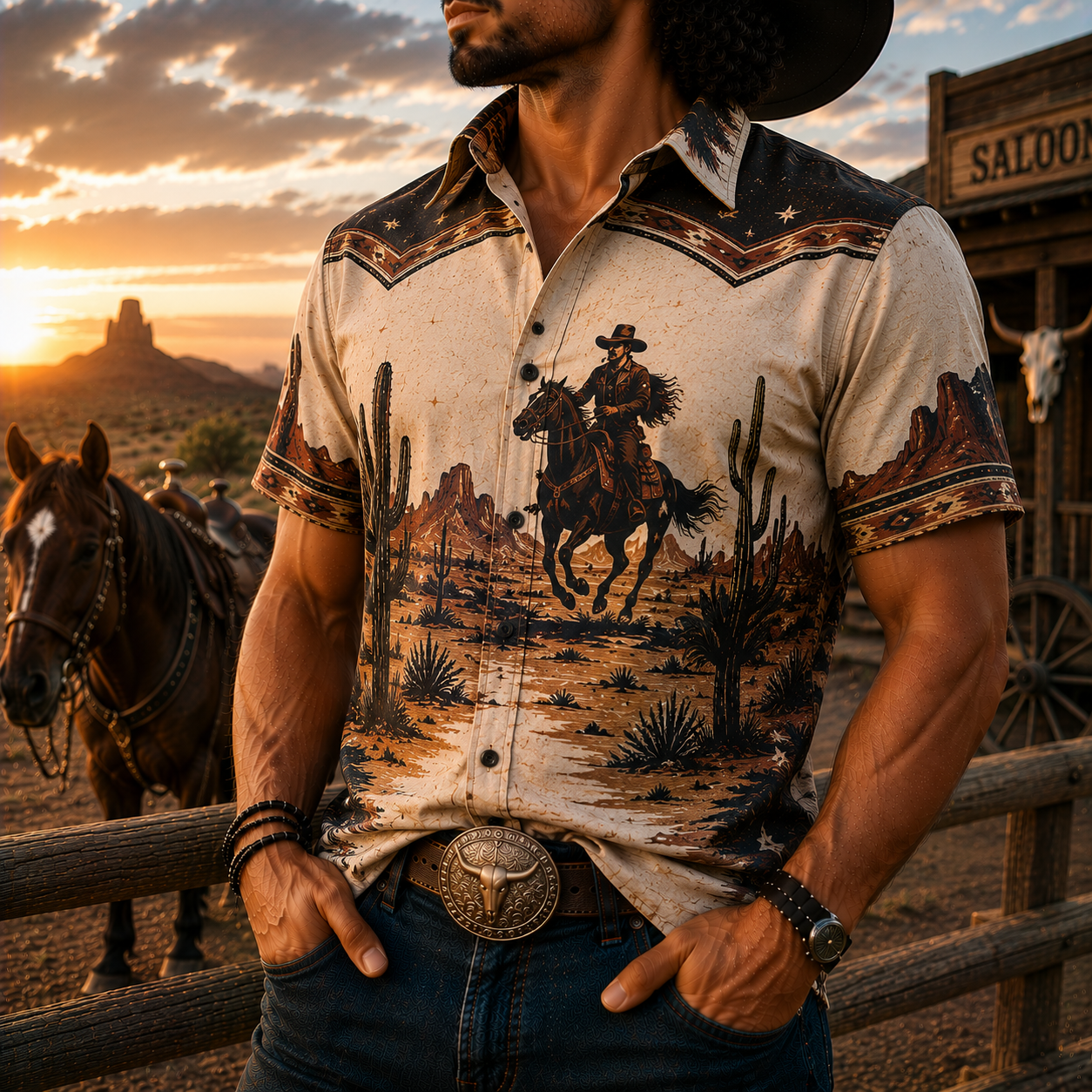 Men's Vintage Western Cowboy-Style Printed Short-Sleeve Shirt-70