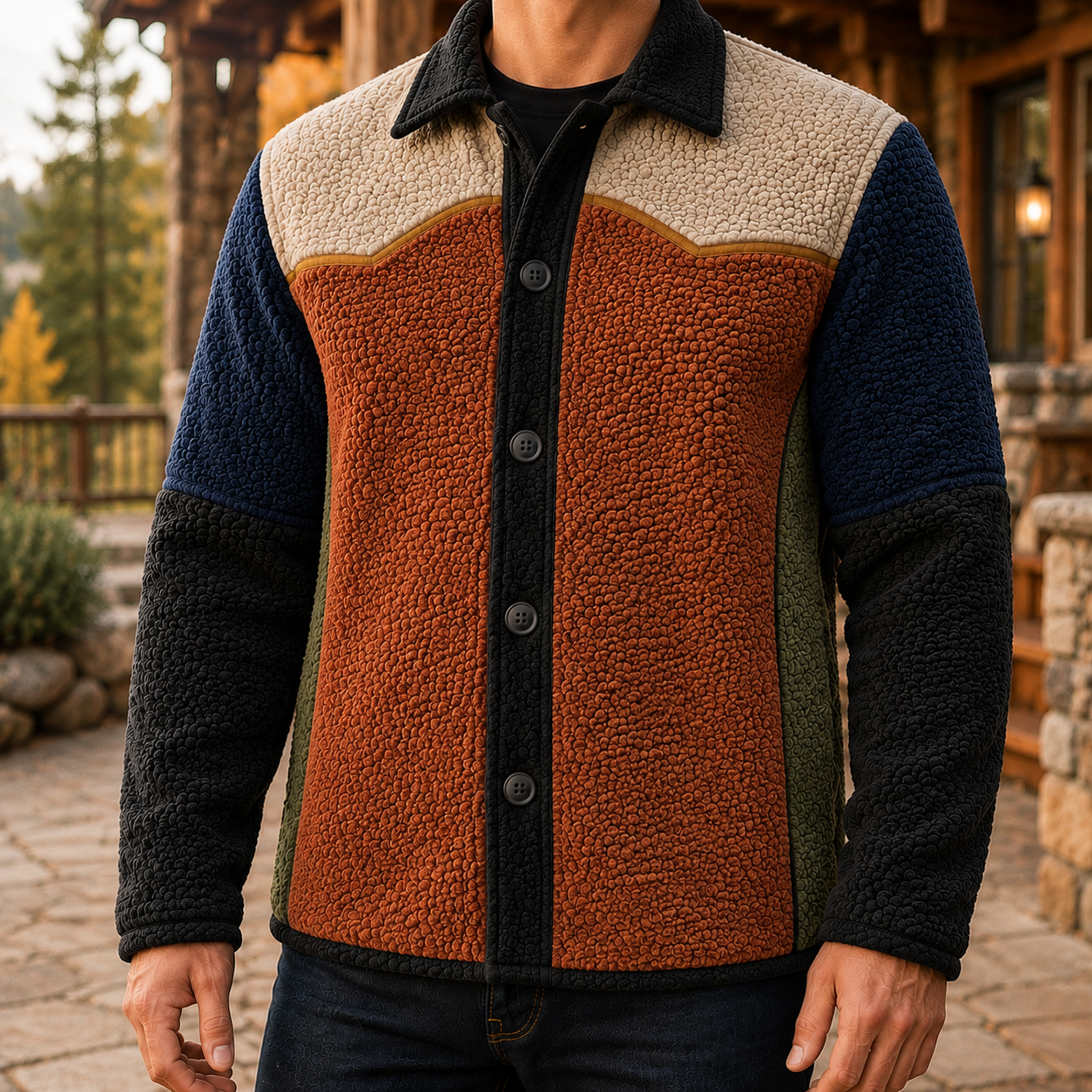 Men's Retro Color Block Fleece Shirt Jacket-91