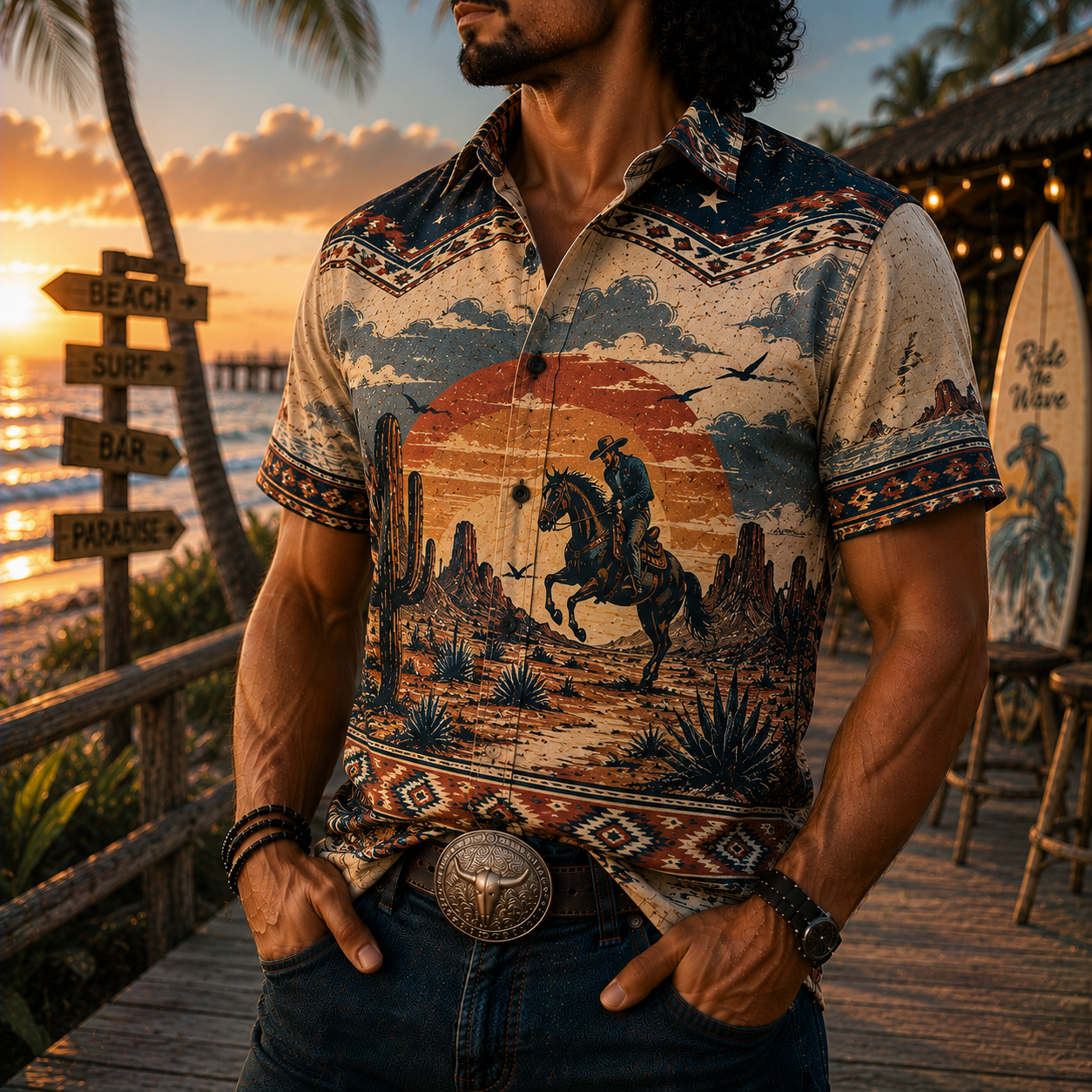 Men's Vintage Western Cowboy-Style Printed Short-Sleeve Shirt-73