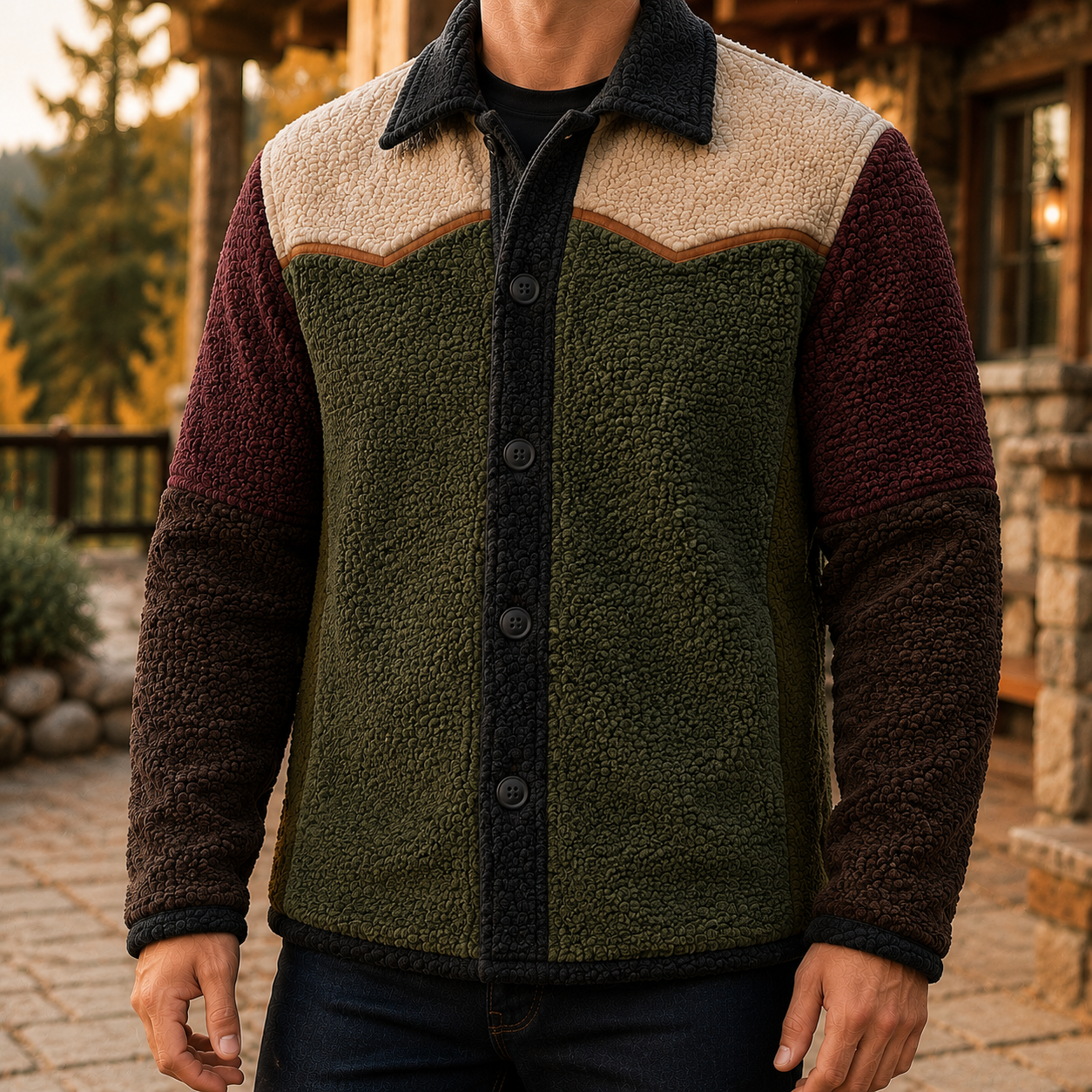Men's Retro Color Block Fleece Shirt Jacket-92