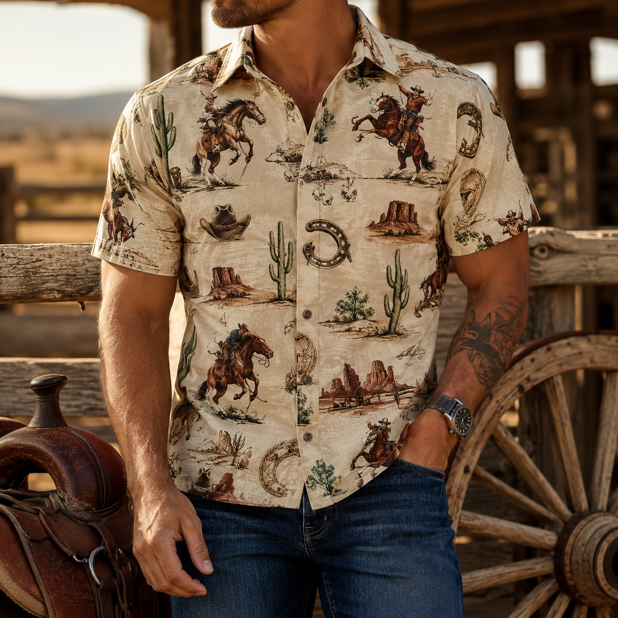 Men's Vintage Western Cowboy-Style Printed Short-Sleeve Shirt-24