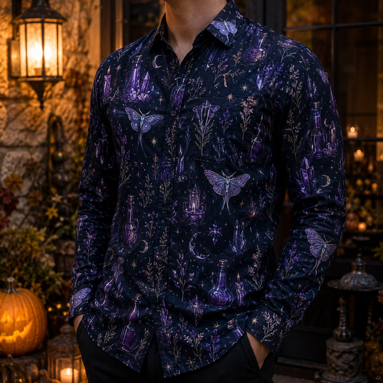 Men's Vintage Halloween Print Long-Sleeve Shirt-17