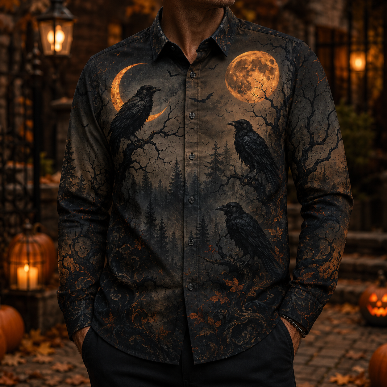 Men's Vintage Halloween Print Long-Sleeve Shirt-04