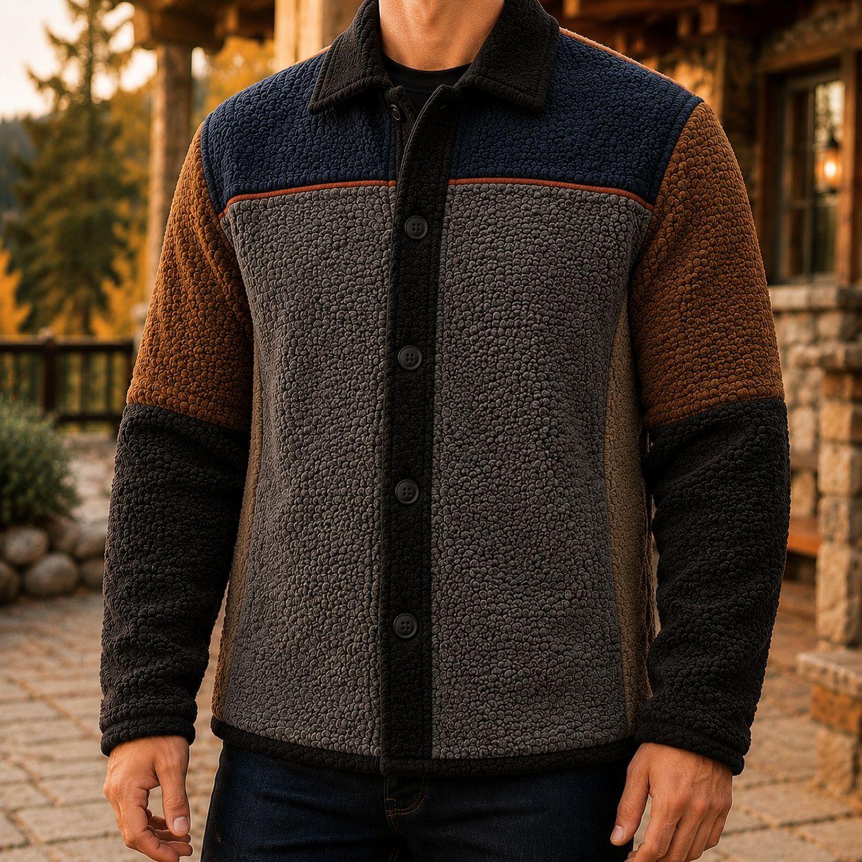 Men's Retro Color Block Fleece Shirt Jacket-93