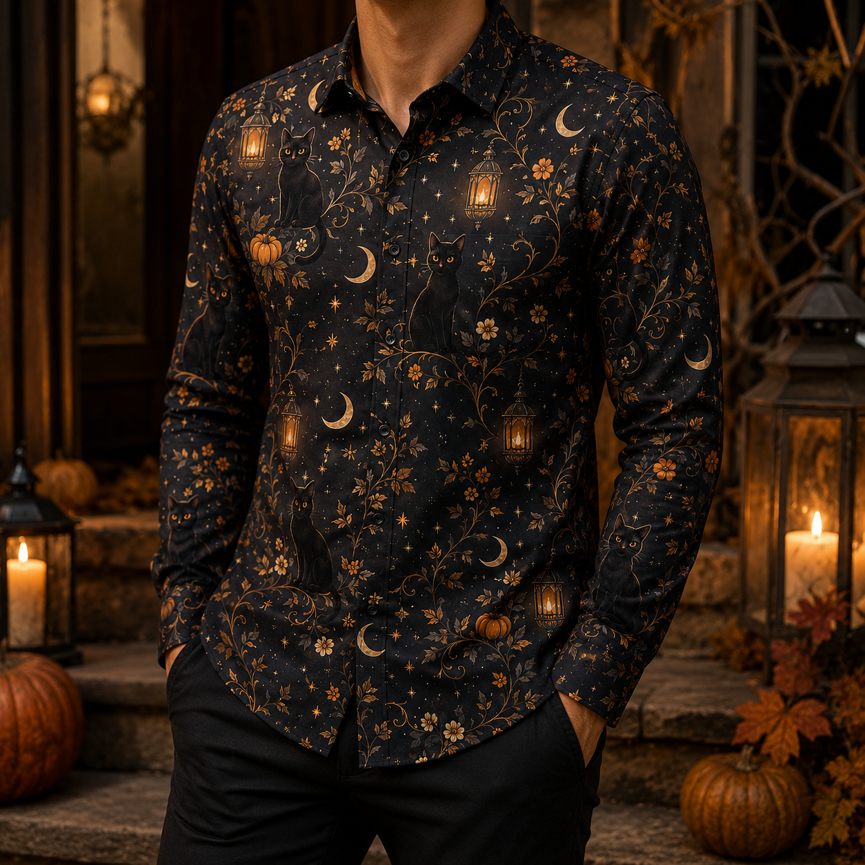 Men's Vintage Halloween Print Long-Sleeve Shirt-13