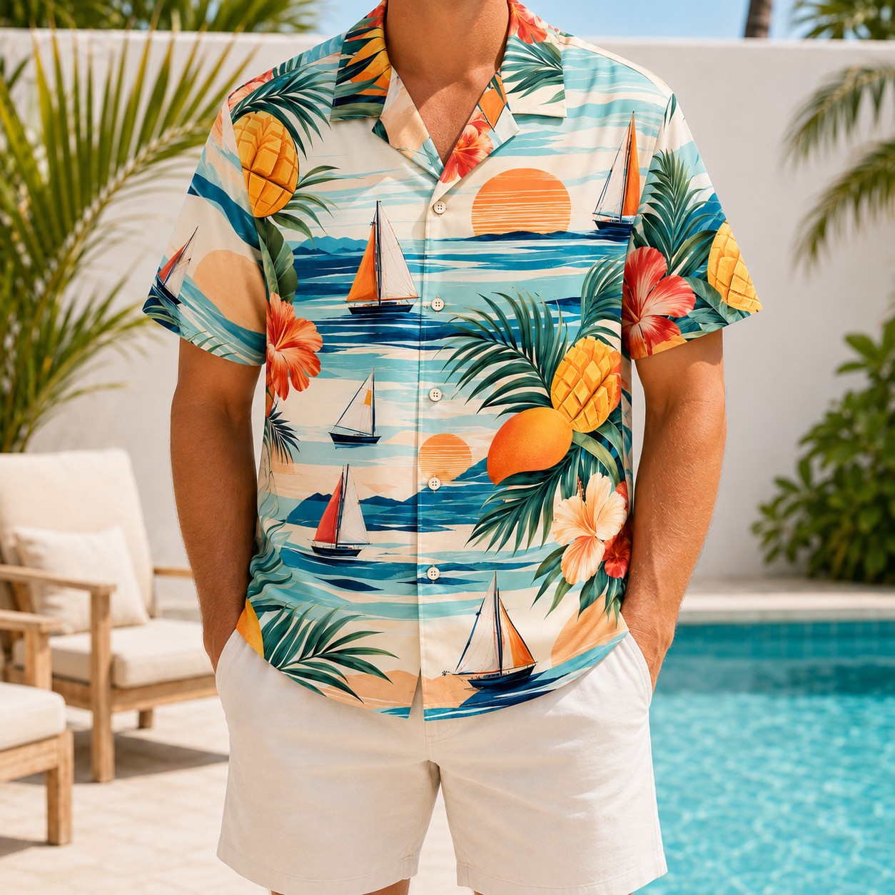 Summer Tropical Print Short Sleeve Beach Shirt -52