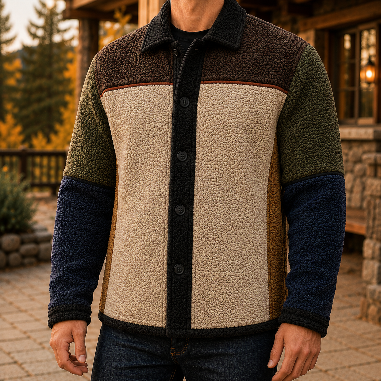 Men's Retro Color Block Fleece Shirt Jacket-94