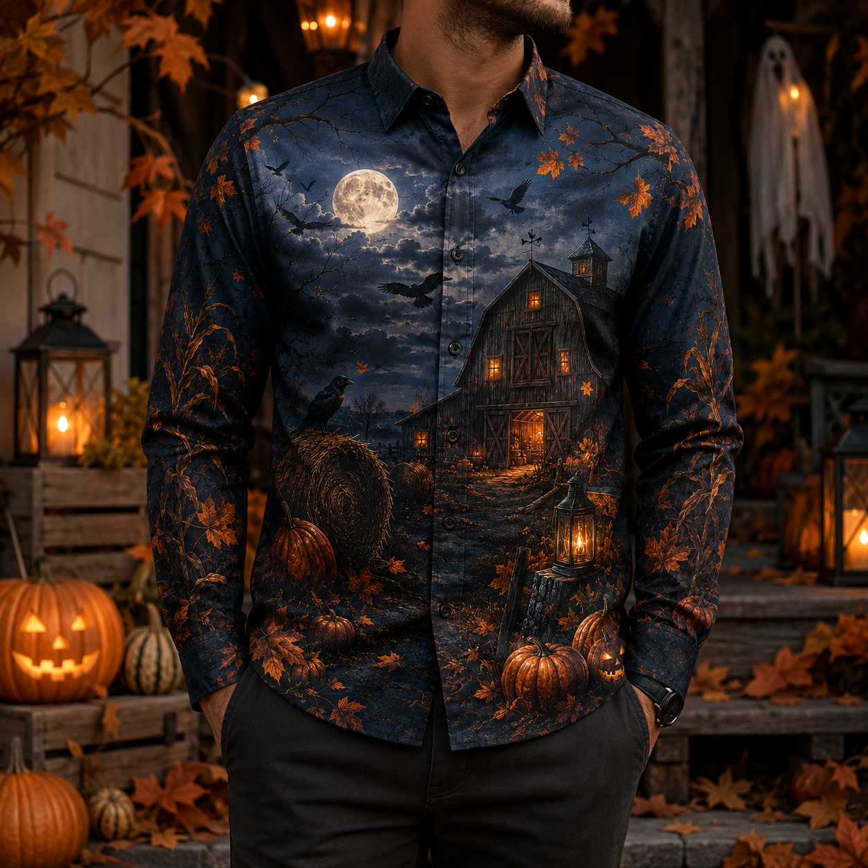 Men's Vintage Halloween Print Long-Sleeve Shirt-07