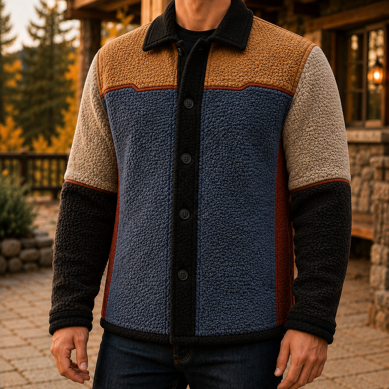 Men's Retro Color Block Fleece Shirt Jacket-95