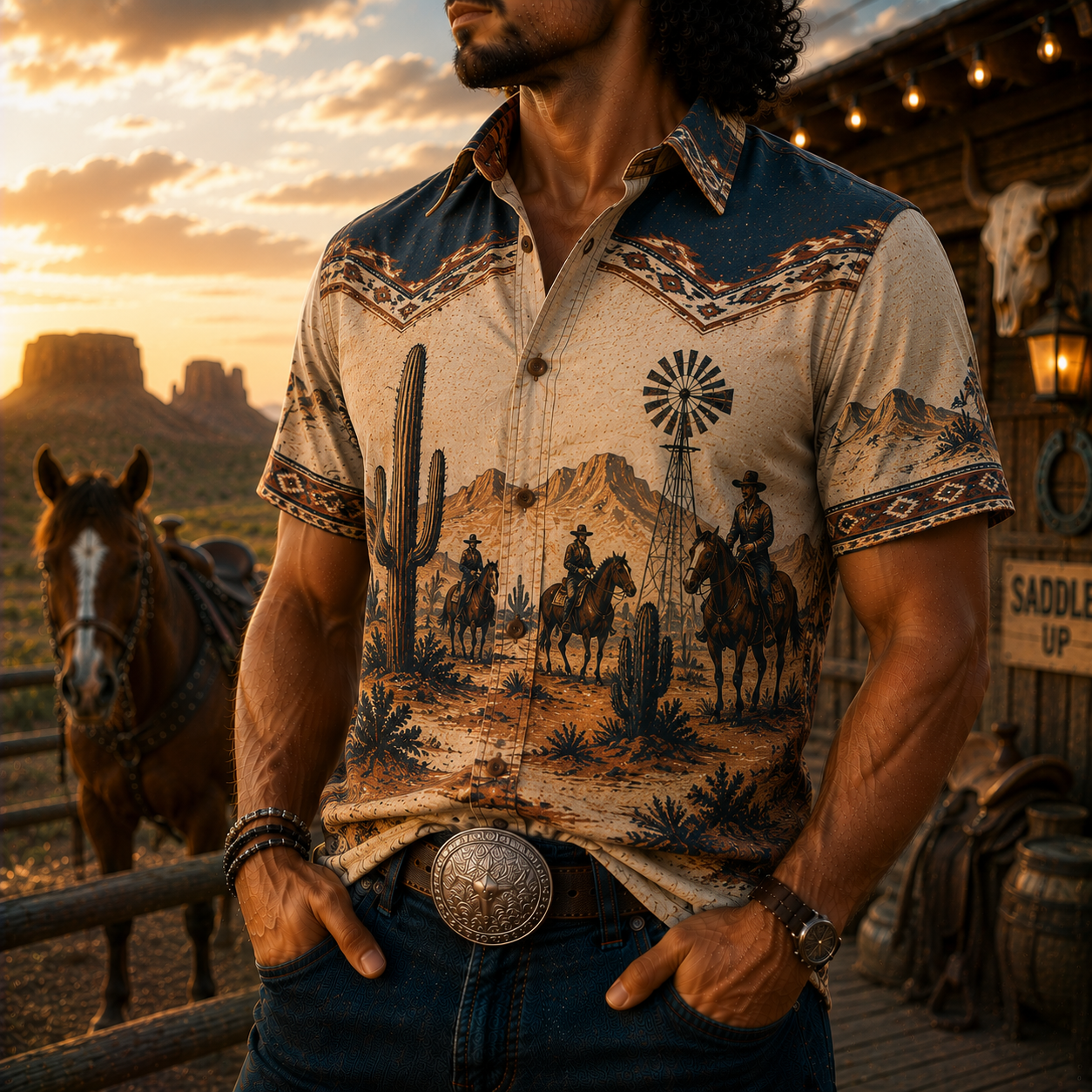 Men's Vintage Western Cowboy-Style Printed Short-Sleeve Shirt-81