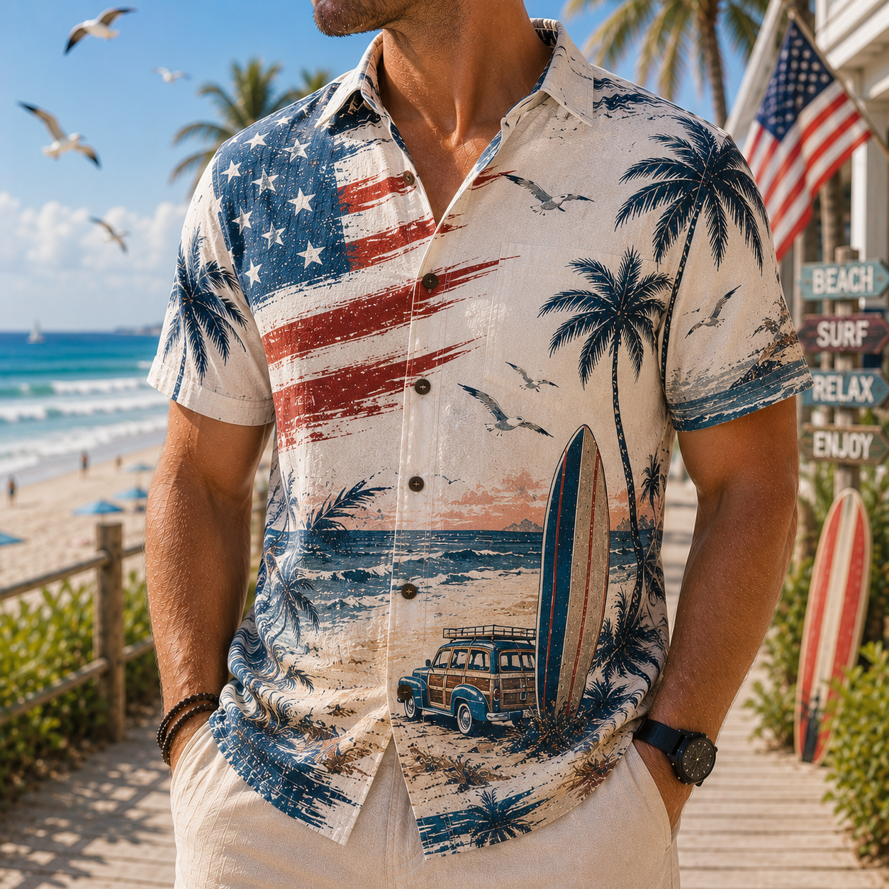 Men's Vintage Tropical Print Short-Sleeve Shirt – Casual Beach Vacation Style – 33