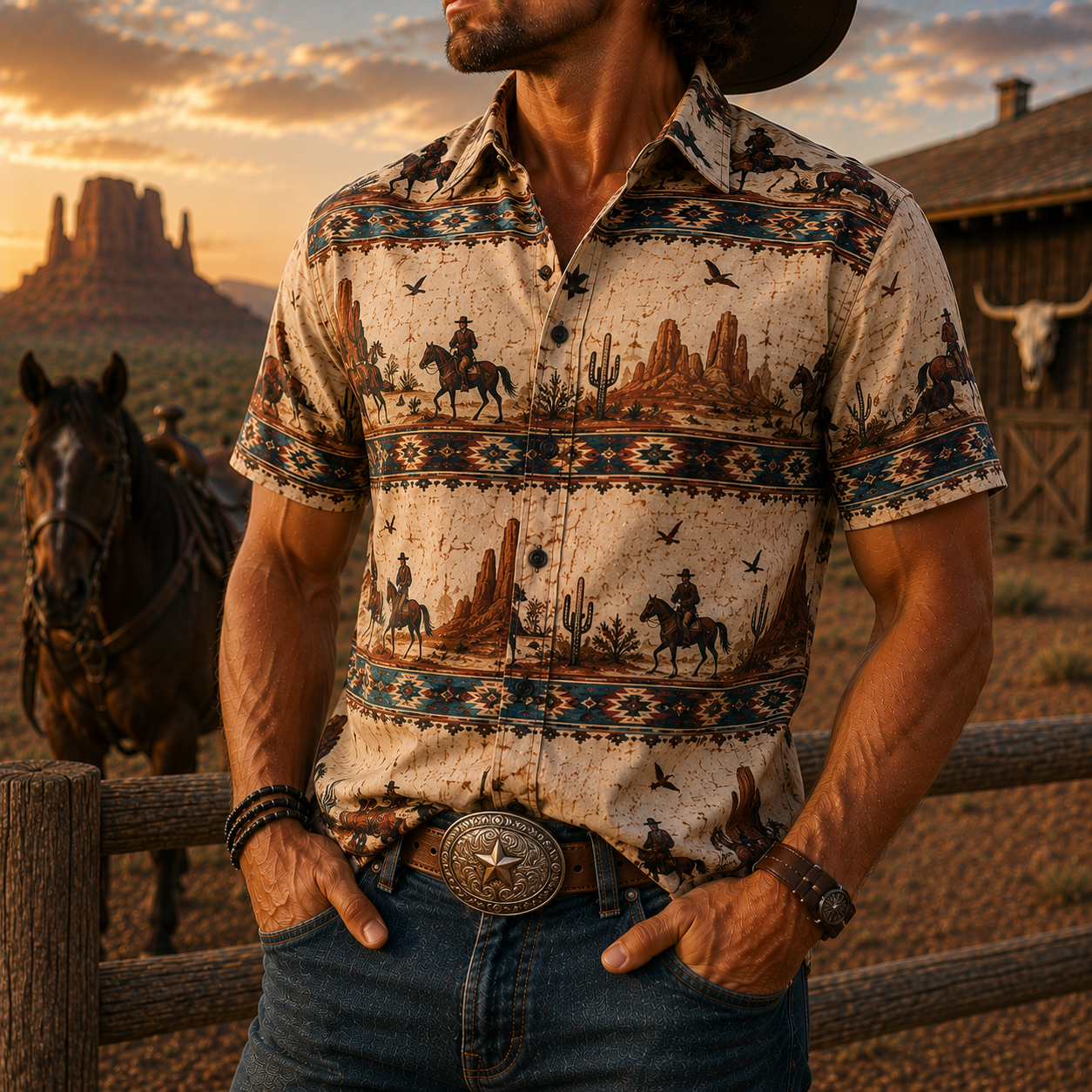 Men's Vintage Western Cowboy-Style Printed Short-Sleeve Shirt-35