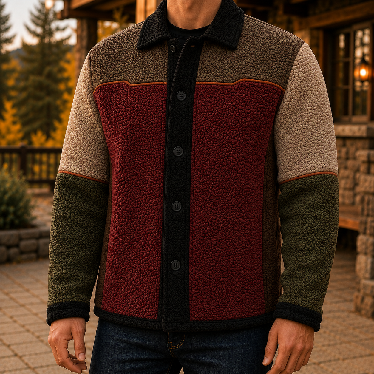 Men's Retro Color Block Fleece Shirt Jacket-96