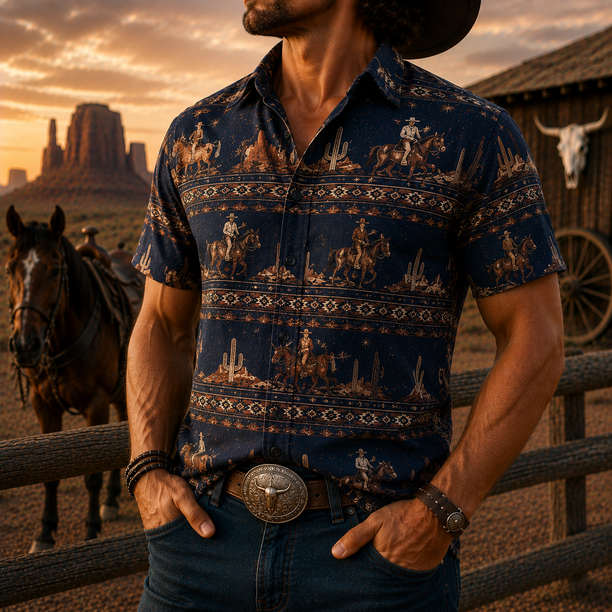 Men's Vintage Western Cowboy-Style Printed Short-Sleeve Shirt-45