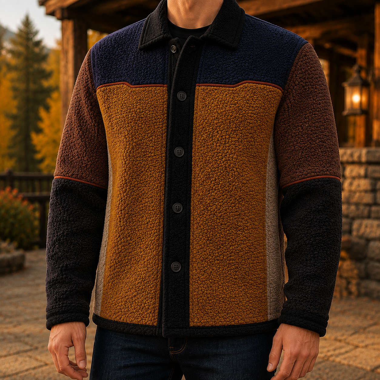 Men's Retro Color Block Fleece Shirt Jacket-97