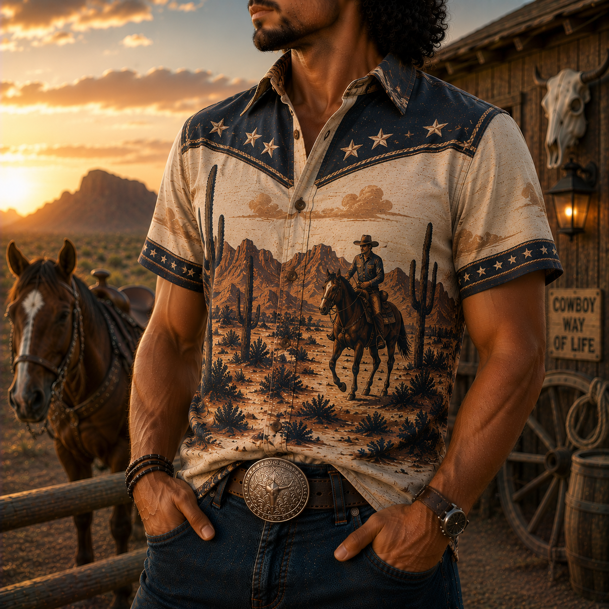 Men's Vintage Western Cowboy-Style Printed Short-Sleeve Shirt-83