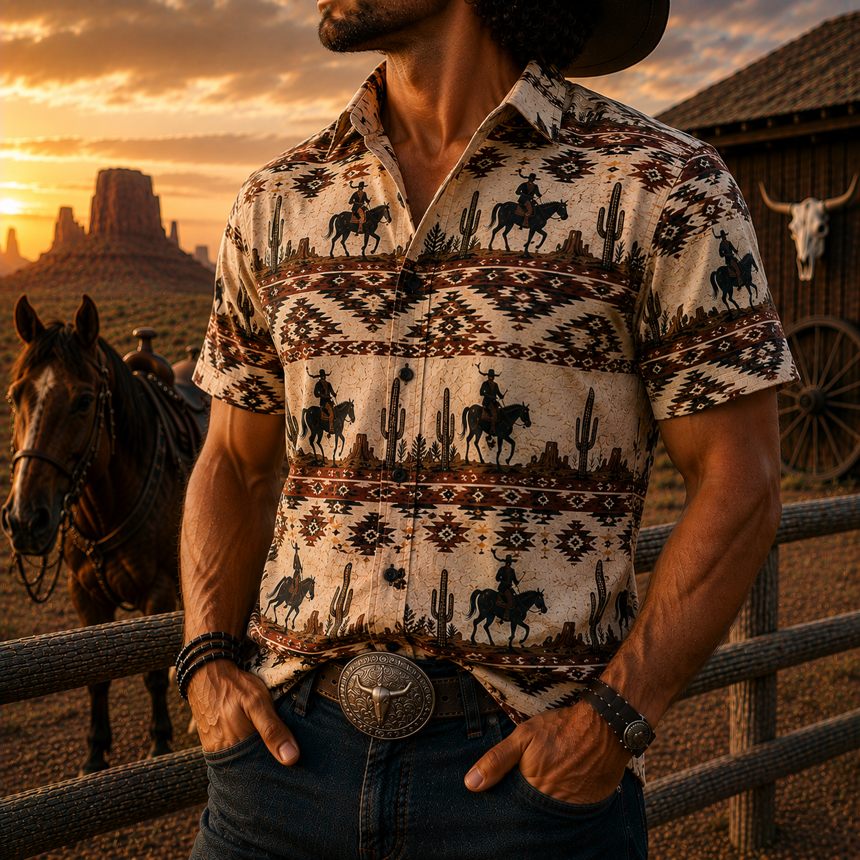 Men's Vintage Western Cowboy-Style Printed Short-Sleeve Shirt-59