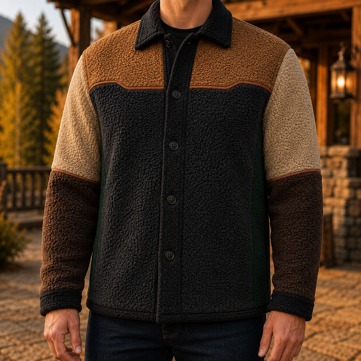 Men's Retro Color Block Fleece Shirt Jacket-98