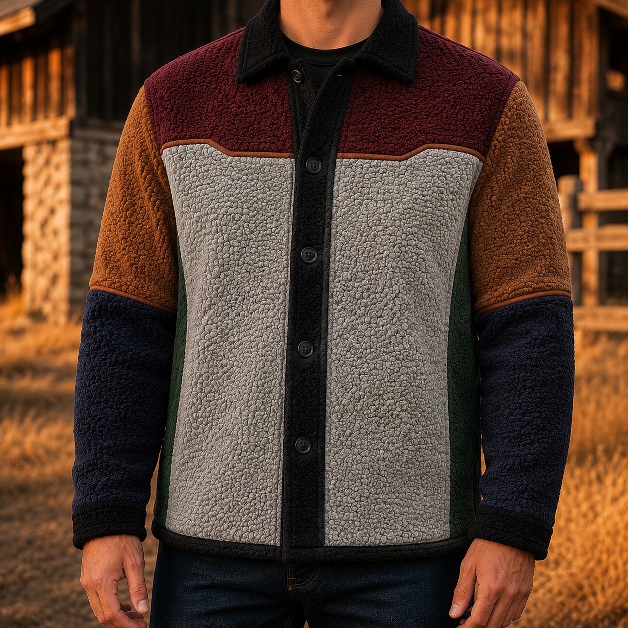Men's Retro Color Block Fleece Shirt Jacket-99